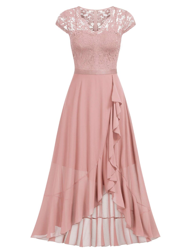 Miusol Women's V Neck Elegant Lace Ruffle Bridesmaid Maxi Dress (Medium, Pink) - Image 3